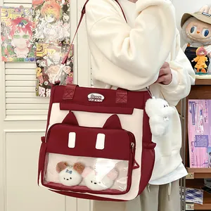 Cat-eared contrast color ita bag with transparent window and plush charms