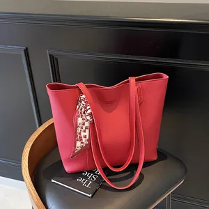 Women Large Capacity Red PU Leather Tote Bag With Fashion Decorative Satin Scarf Flower Pendant Casual Shoulder Handbag