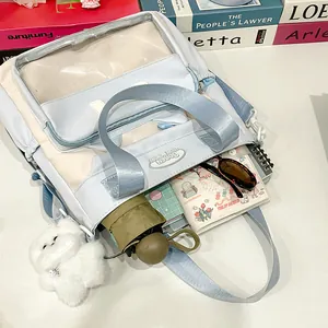 Contrast color canvas tote bag with transparent PVC window and plush charm accessory