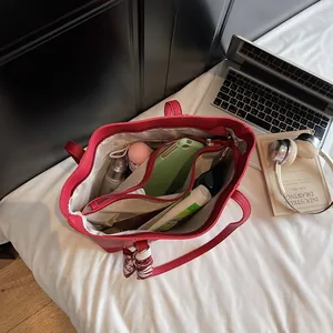 Red lychee pattern tote bag with printed silk scarf and large capacity interior