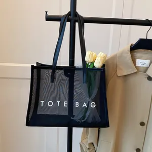 Bolso Tote Minimalista de Malla PVC para Mujer Gran Capacidad Estampado Letras Bolso de Hombro Casual Compras Diarias