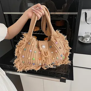 Women's Knit Tote Bag With Colorful Beads Fringe Bohemian Crochet Single Shoulder Bag For Beach Vacation Summer Handmade Woven Bag