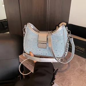 Women's Denim PU Underarm Bag Sparkling Rhinestones Crescent Shoulder Bag For Street Style Casual Party Blue Silver