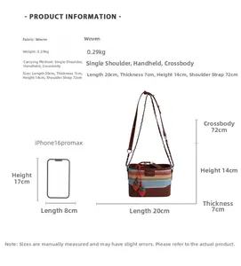 Detailed size specs for woven bucket bag with chain strap and strawberry charm