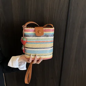 Women Hand-woven Straw Bucket Bag Rainbow Stripes Crossbody Shoulder Bag With Strawberry Charm Summer Beach Vacation Bag