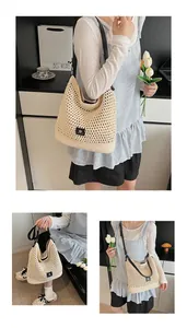 Detail of hollow-out knit shoulder bag with mesh weave and durable bottom base