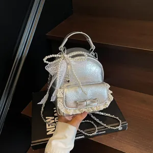 Women Mini Backpack Purse Pleated PU Leather Crossbody Bag With Lace Bowknot Pearl Pendant Fashion Chain Shoulder Bag
