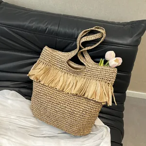 Dames Boheemse Stro Geweven Tote Bag Grote Capaciteit Kwastje Franje Schoudertas Strandvakantie Casual Handtas