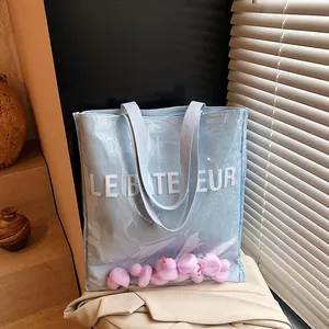 Sac Cabas Femme Transparent en PVC et Toile Avec Canards en Caoutchouc Décoratifs Sac à Épaule Grande Capacité Imprimé Lettres