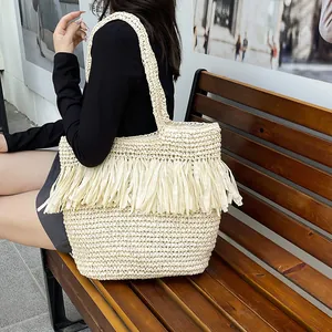 Boheemse beige stro geweven draagtas met franjes en grote capaciteit voor de zomer