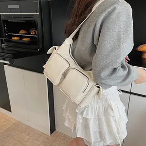 Retro cream multi-pocket crossbody bag in shiny faux leather with silver zippers