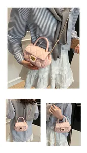 Detailed views of a pink quilted mini bag featuring golden hardware and leather chain straps