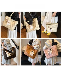 Detail shots of large tote bag with bear print and plush charm shown on a model