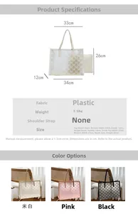Detailed size guide for large and small transparent tote bags with printed letters