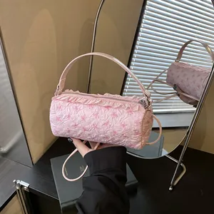 Borsa a Cilindro con Stampa a Fiocco in Stile Coreano da Donna con Bordo a Volant in Nylon a Tracolla per la Moda Quotidiana Regalo Ragazza