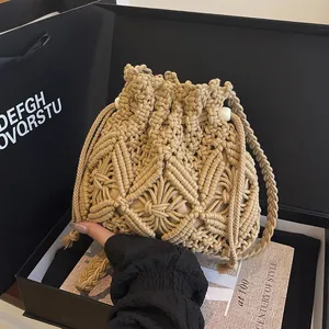 Handmade Crochet Woven Bucket Bag For Women Hollow Out Cotton Thread Beach Vacation Crossbody Shoulder Bag With Drawstring