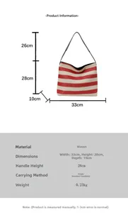 Spécifications détaillées de taille pour sac de plage rayé en paille, 33x28x10 cm