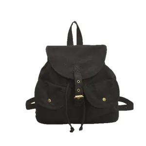 Large black denim backpack with drawstring closure and multiple front pockets for students