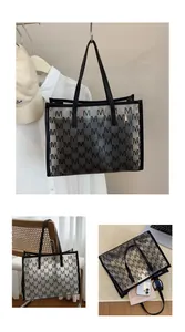 Close-up of large transparent jelly tote with black M letter print and leather trim
