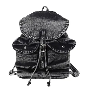Mochila retro de mezclilla lavada con bolsillos múltiples y cordón para mujer