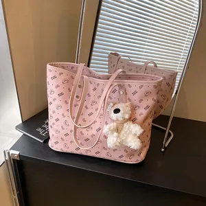 Women Large Capacity PU Leather Tote Bag Cartoon Bear Print Shoulder Bag Casual Daily Commute Handbag With Bear Pendant