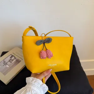 Women Fashion PU Leather Crossbody Bag Minimalist Small Square Shoulder Bag With Cherry Pendant Letter Print Handbag