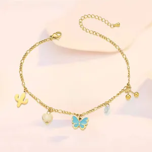 Gold-plated anklet with butterfly heart and cactus pendants featuring colorful zircon