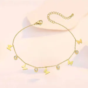 Elegant gold butterfly anklet with zircon charms and adjustable lobster clasp closure