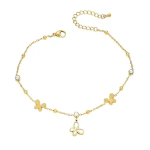 Golden titanium steel anklet with butterfly charms and cubic zirconia for women