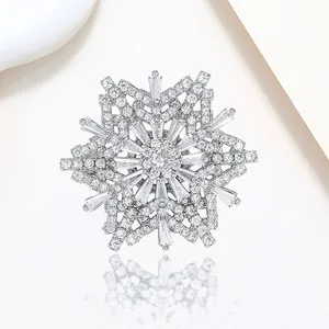 Macro shot of 3D rotating snowflake brooch with shimmering zircons and silver finish