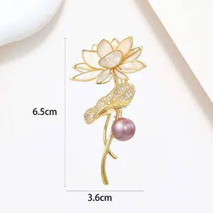 Detail of lotus brooch showing 6.5cm height and 3.6cm width with elegant pearl drop