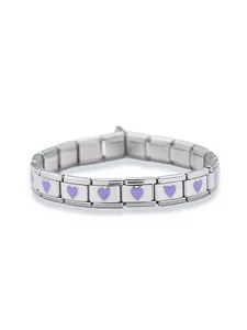 Bracelet modulaire en acier inoxydable avec cœurs en émail violet et finition argentée