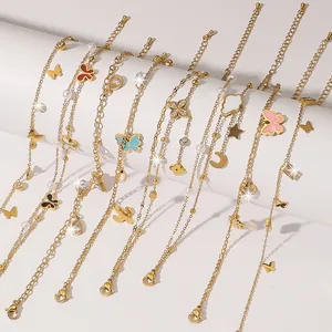 Mode Edelstahl Fußkettchen Für Damen Vergoldet Doppelschichtig Herz Schmetterling Zirkonia Künstliche Perlenimitat Schmuck