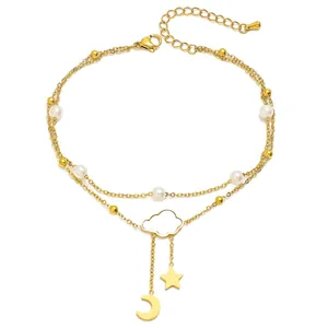 Dolagiges Gold-Fußkettchen mit Perlen, Wolken-, Stern- und Mondanhängern für Damen
