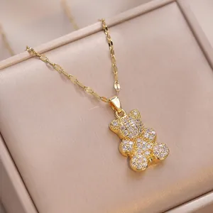 Bear Pendant Necklace Titanium Steel Micro Pave Zircon Animal Shape Dainty Clavicle Chain Fashion Jewelry For Women