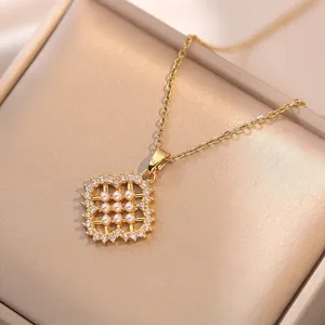 Pendant Necklace Women Titanium Steel Square Grid Inlaid White Artificial Pearls Zircon French Vintage Elegant Jewelry Luxury Style