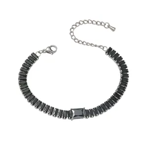 Silver titanium steel bracelet with rectangular black rhinestones and lobster clasp closure