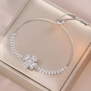 Silver flower charm bracelet with micro-paved zircons and adjustable sliding box chain