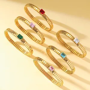 6-piece gold stretch bracelet set featuring colorful marquise-cut zircon stones