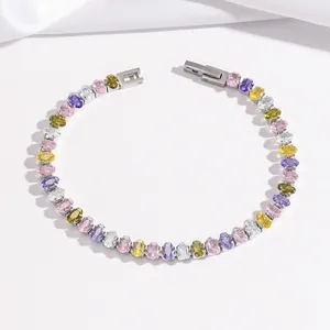 Elegant silver-tone titanium bracelet featuring oval multicolor zircon gemstones