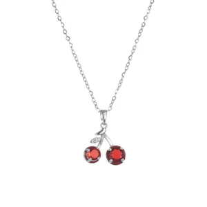 Sweet silver cherry pendant necklace with red round cut gemstones and sparkling leaf