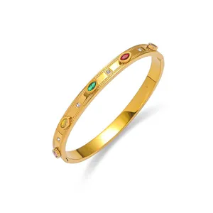 Bracelet jonc doré en acier inoxydable avec pierres marquise colorées et zircons blancs