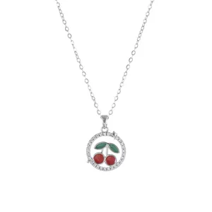 Silver necklace with a round cherry pendant and sparkling cubic zirconia crystal border