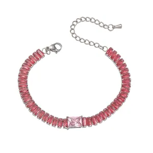Silver titanium steel bracelet featuring rectangular pink cubic zirconia and lobster clasp