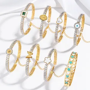 Stainless Steel Zirconia Evil Eye Heart Butterfly Flower Bangle Bracelet For Women Gold Plated Shell Enamel Jewelry Gift