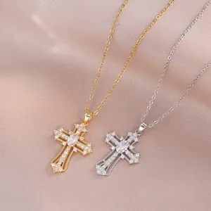 Vintage Cross Pendant Necklace Stainless Steel With Zircon Inlaid Light Luxury Style Jewelry For Women