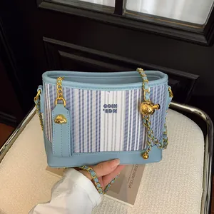 Women Vintage Striped PU Fabric Shoulder Bag Gold Chain Adjustable Metal Ball Commuting Daily Fashion Versatile Handbag