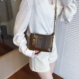 Chic brown striped tote bag with leather trim and gold chain strap for daily commute