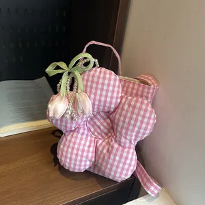 Korean Style Floral Gingham Canvas Crossbody Bag Cute 3D Flower Shoulder Bag With Artificial Pearl Tulip Decoration For Women