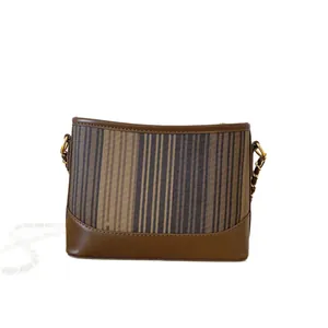 Retro striped tote bag with leather trim and gold chain strap for women